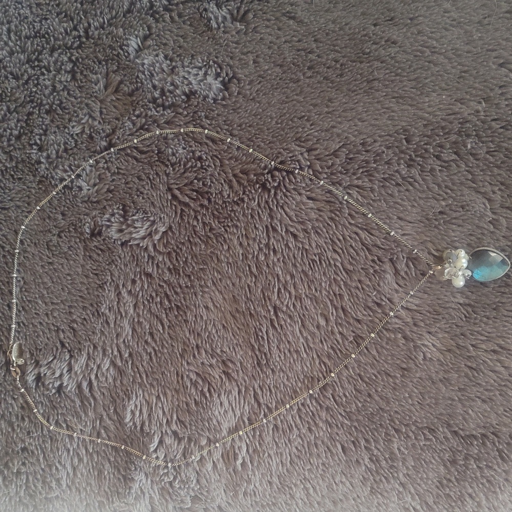 Elegant Silver Chain With  Irridescent Blue/Green Stone And Pearl Pendant NWOT